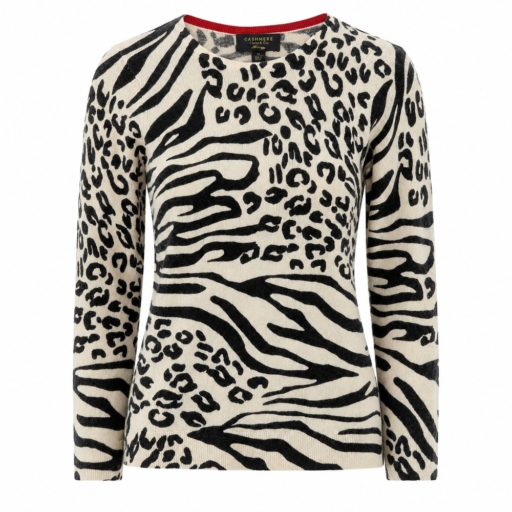 Charter Club Luxury Cashmere Animal Print Sweater Black Cream Zebra Leopard S
